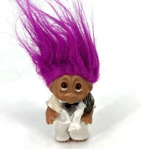 DAM Troll Doll 1985 Pink Purple Hair Amber Eyes Wearing White Tux, 3" tall